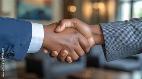 Close-up of a handshake between two business professionals over a polished wooden table in a modern office setting