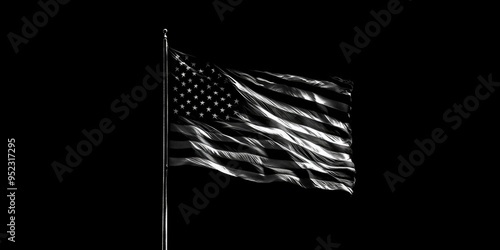 An American flag in black and white fluttering against a black backdrop