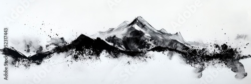 A brushed ink and black and white artwork of a mountain range