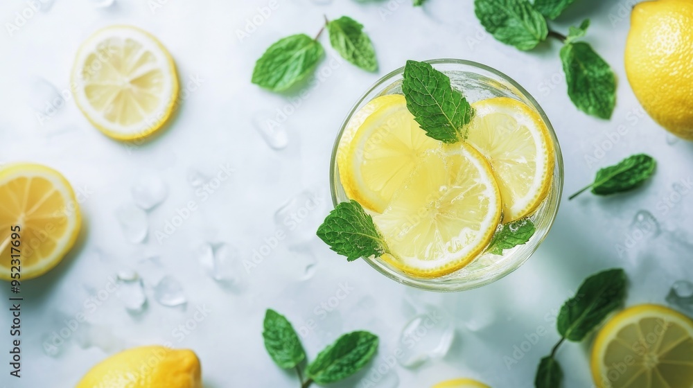 A glass of water with lemon slices on a light background, surrounded by fresh mint leaves. Text space available. A glass of water with lemon slices on a light background, surrounded by fresh mint leaves. Text space available.