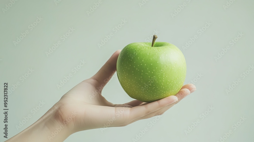 A hand holding a green apple against a soft background, with ample space for text. No people. A hand holding a green apple against a soft background, with ample space for text. No people.