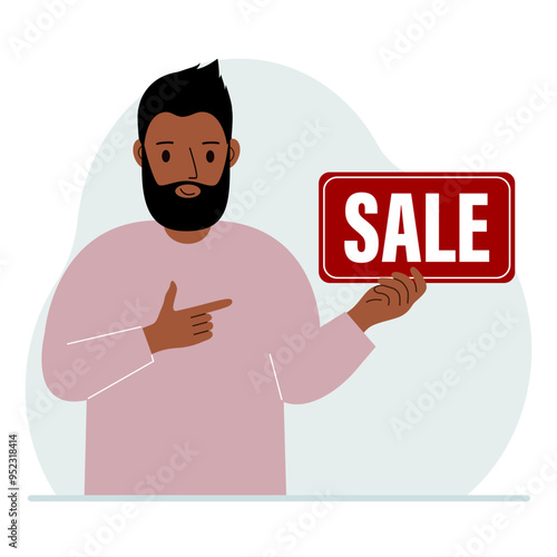 A man holds a banner with the text sale. Points a finger at the text. The concept of a discount, a special offer in a store or a bank, an advertising flyer. Vector flat illustration