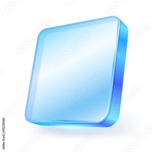 Crystal Glass Application Icon Button. Blue Glass Square Rounded Corners 3D isolated on white background. Realistic vector illustration.