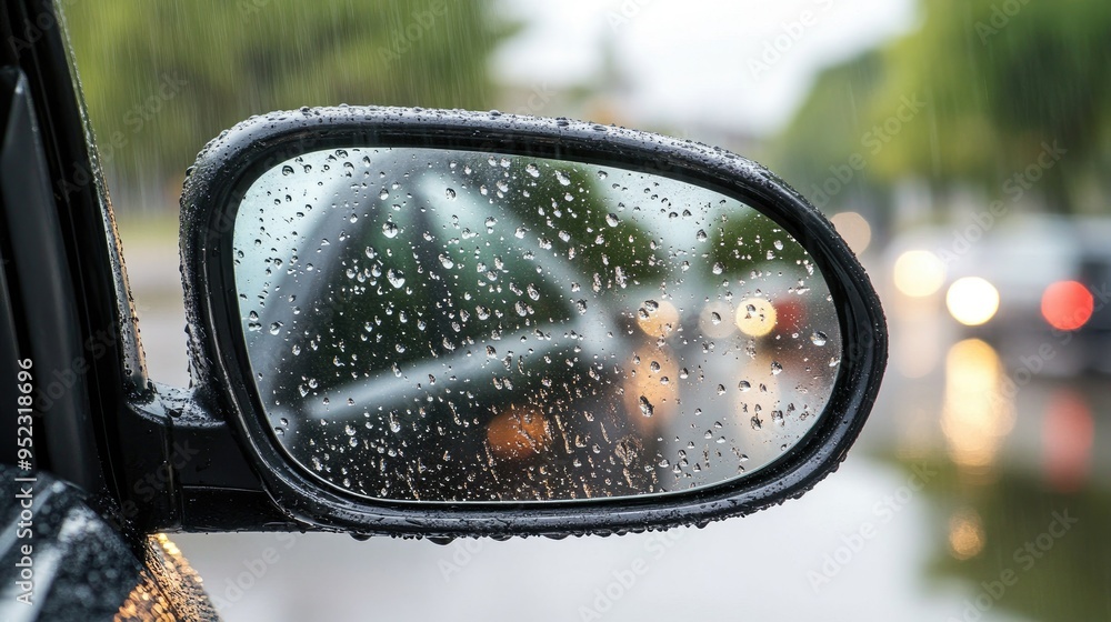 The side mirror of a car, streaked with raindrops, showing the reduced visibility and safety concerns in wet weather. The side mirror of a car, streaked with raindrops, showing the reduced visibility and safety concerns in wet weather.