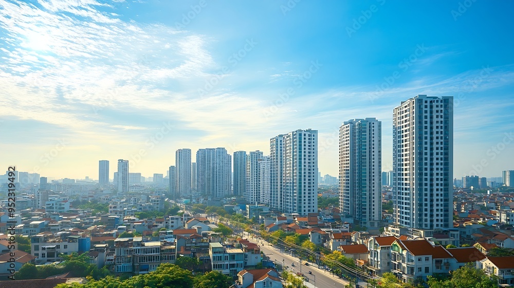 Obraz premium Elevated road highway looking up view of highrise apartment complex condominium buildings sunny clear blue sky near downtown Hanoi Vietnam upscale residence Asian real estate market Sk : Generative AI