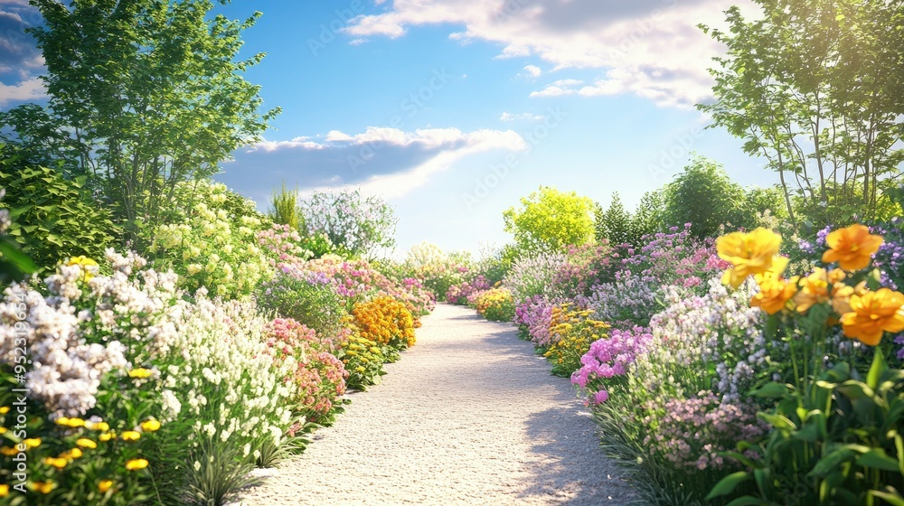 A tranquil garden path lined with blooming flowers, with space for text in the sky. A tranquil garden path lined with blooming flowers, with space for text in the sky.