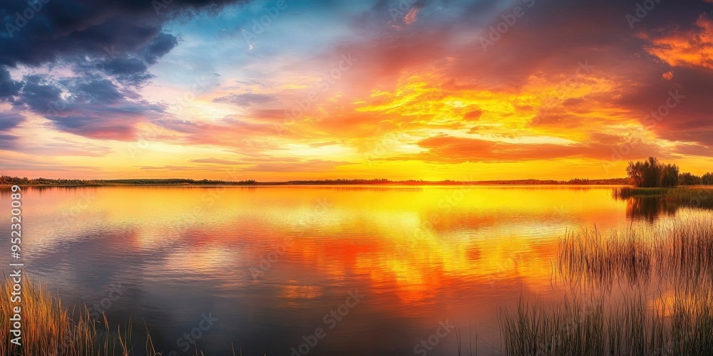 a panoramic picture of a serene lake with a magnificent sunset. Bright orange, yellow, and red wallpaper background hues fill the sky. a panoramic picture of a serene lake with a magnificent sunset. Bright orange, yellow, and red wallpaper background hues fill the sky.