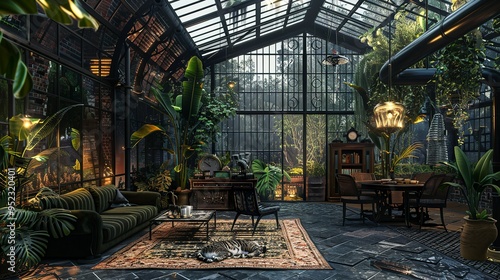 Rustic style greenhouse living room interior design with cozy ambience