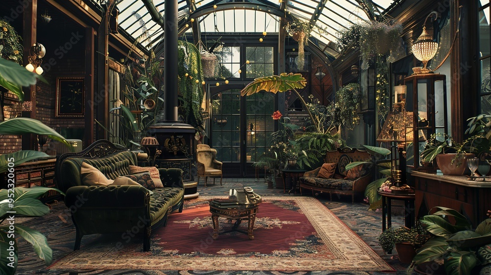Naklejka premium Rustic style greenhouse living room interior design with cozy ambience