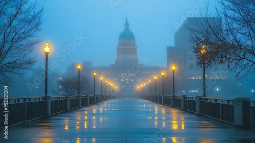 Des Moines Iowa USA at the Capitol building on a misty morning : Generative AI