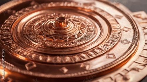 Close-up of a sacred Jain yantra on a copper plate, no people, clean background, ample space for text