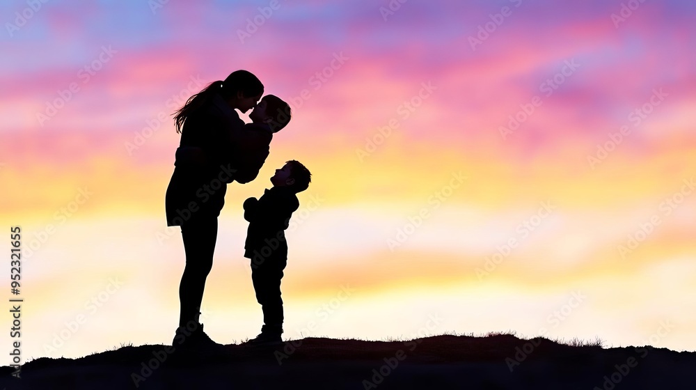 Mother and son hugging at sunset on a hilltop, silhouettes against a vibrant sky, tender embrace Mother and son hugging at sunset on a hilltop, silhouettes against a vibrant sky, tender embrace