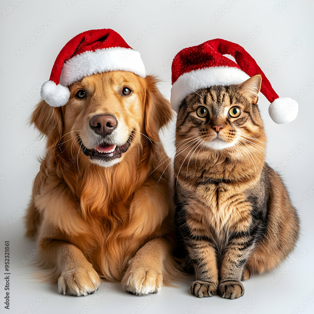 Adorable dog and cat wearing Santa hats, perfect for festive holiday themes, showcasing friendship and joy. Adorable dog and cat wearing Santa hats, perfect for festive holiday themes, showcasing friendship and joy.