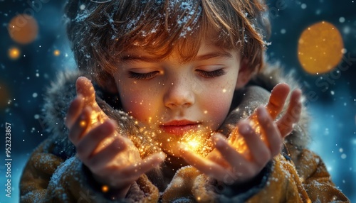 A Boy's Heart Filled With Wonder Magical Moment of Joy and Light in a Winter Wonderland, Softly Glowing Light, Warm Atmosphere, Special Feelings, Child's Eyes Filled With Hope