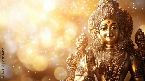 Golden Hindu deity statue with space for text on a soft background. Symbol of divine presence.