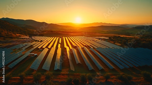 Solar panel produces green environmentaly friendly energy from the setting sun Aerial view from drone Landscape picture of a solar plant that is located inside a valley with sheep : Generative AI photo