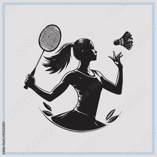 Black silhouette of female badminton player on white background