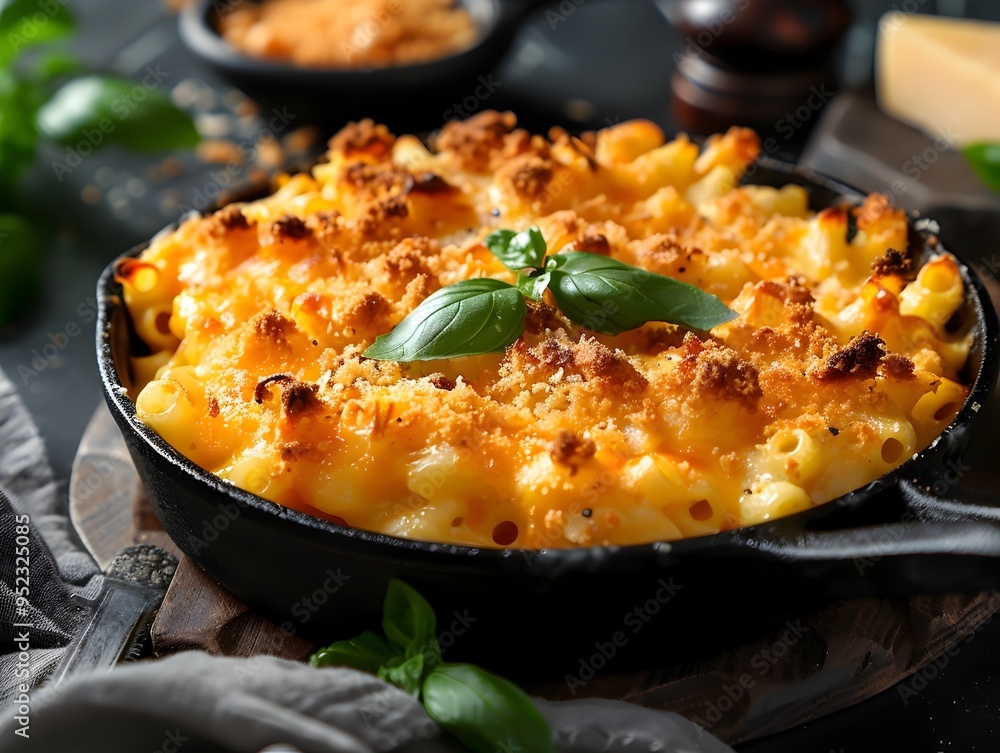 Bubbling Macaroni and Cheese with Golden Breadcrumb Topping in Cast Iron Skillet Bubbling Macaroni and Cheese with Golden Breadcrumb Topping in Cast Iron Skillet