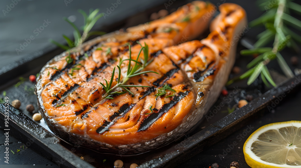 Fresh cooked delicious salmon steak with spices and herbs. AI Generated Fresh cooked delicious salmon steak with spices and herbs. AI Generated