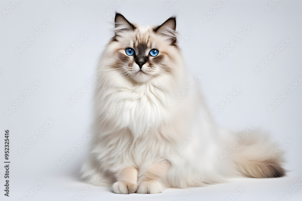 A fluffy birman cat with blue eyes and white gloved paws sitting elegantly on a white background, AI Generated A fluffy birman cat with blue eyes and white gloved paws sitting elegantly on a white background, AI Generated