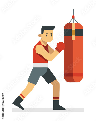 Dynamic Boxer Training with Punching Bag vector Illustration