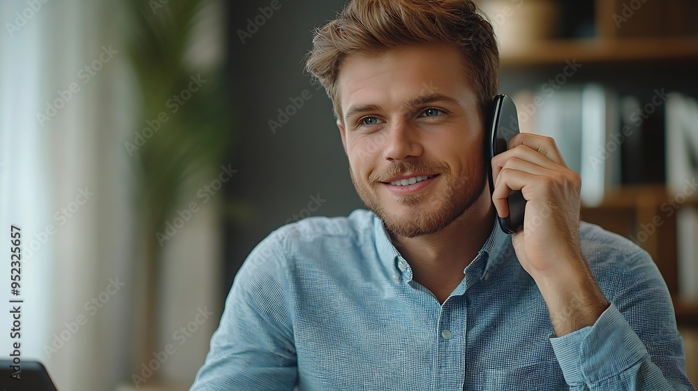Happy business executive discussing on mobile phone while looking away Young professional is wearing smart casuals He is sitting at desk in corporate office : Generative AI