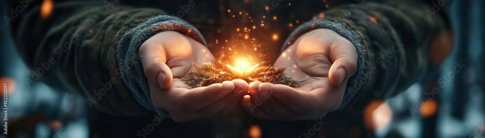 Fototapeta premium Sparkling Magic in Hands A Captivating Photo of Glowing Light and Warmth, Filled with Wonder and a Magical Atmosphere, Perfect for Fantasy, Enchanting, and Whimsical Themes