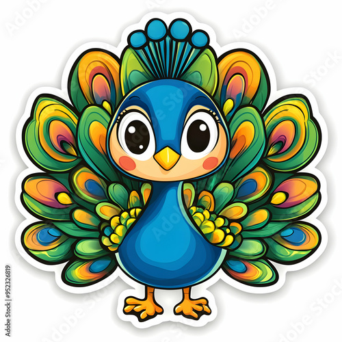 A vibrant cartoon peacock with colorful feathers, perfect for children's illustrations or design projects.