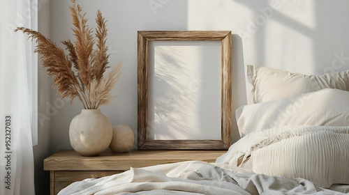 Elegant boho bedroom interior Vertical wooden picture frame mockup on old bedside table Cup of coffee Ball vase with dry grass Beige linen throw bedding White wall background Scandinav : Generative AI photo