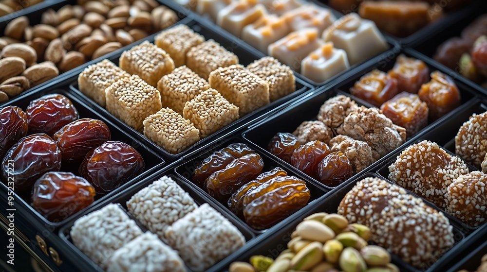 Arabic sweets boxes Pictured from above showing several shapes and types of sweets with sesame pistachios dates and walnuts : Generative AI Arabic sweets boxes Pictured from above showing several shapes and types of sweets with sesame pistachios dates and walnuts : Generative AI