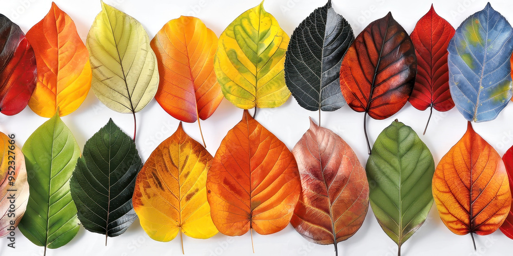 Obraz premium Flat Lay Top View Colorful Autumn Leaves Rainbow Leafs On White Background Banner