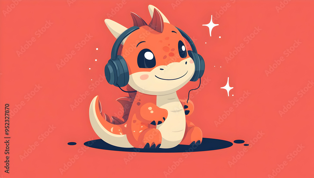 A cute, happy dragon wearing headphones, radiating joy and playfulness, perfect for children's designs and illustrations. A cute, happy dragon wearing headphones, radiating joy and playfulness, perfect for children's designs and illustrations.