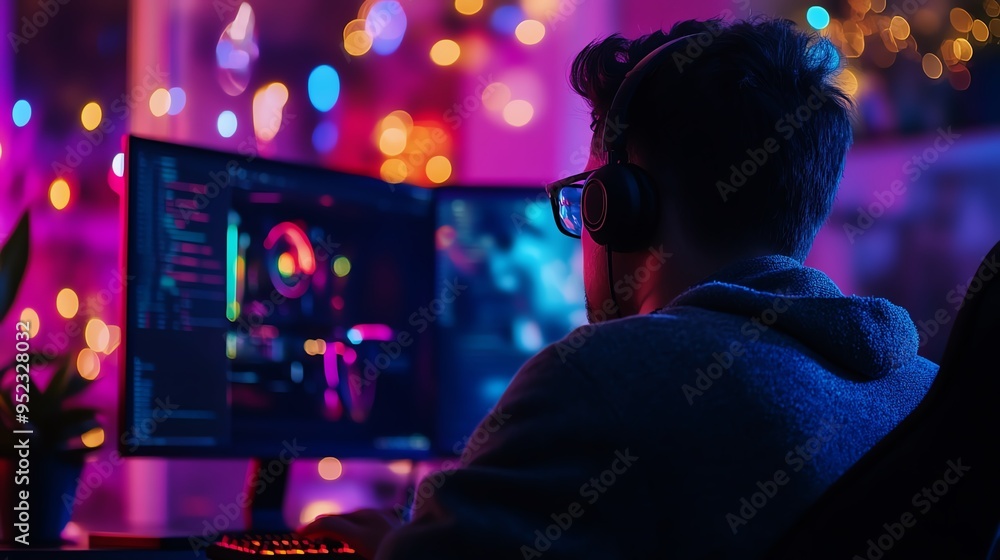 A person wearing headphones enjoys an immersive gaming experience in a colorful, illuminated room filled with vibrant lights. A person wearing headphones enjoys an immersive gaming experience in a colorful, illuminated room filled with vibrant lights.