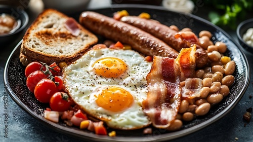 Full fry up English breakfast with fried eggs sausages bacon beans toasts : Generative AI