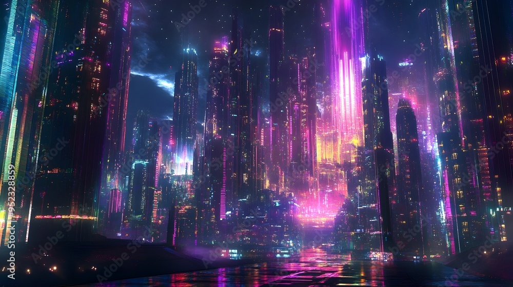 Vibrant Futuristic Cityscape with Illuminated Neon Skyscrapers and Reflections Vibrant Futuristic Cityscape with Illuminated Neon Skyscrapers and Reflections