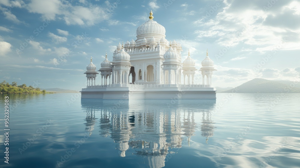 Obraz premium Hindu temple tank with space for text on the water surface. Sacred water body.