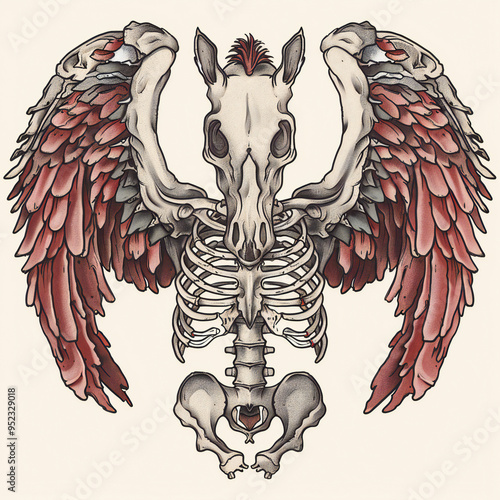 Pegasus head skeleton bones very simple traditional tattoo flash styles illustration