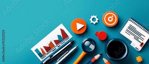 Flat lay of office supplies and analytics tools on a blue background, ideal for business and productivity themes.