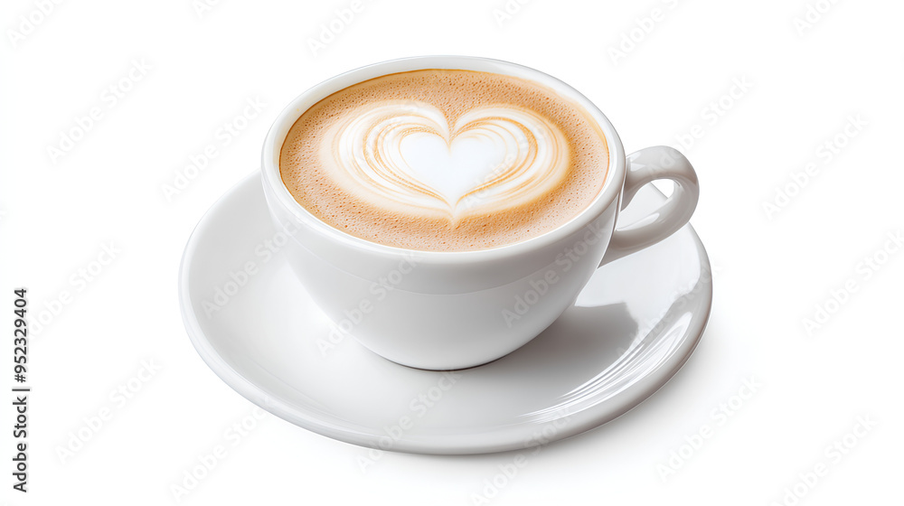 Cup of cappuccino with heart shape latte, isolated cutout on white background Cup of cappuccino with heart shape latte, isolated cutout on white background