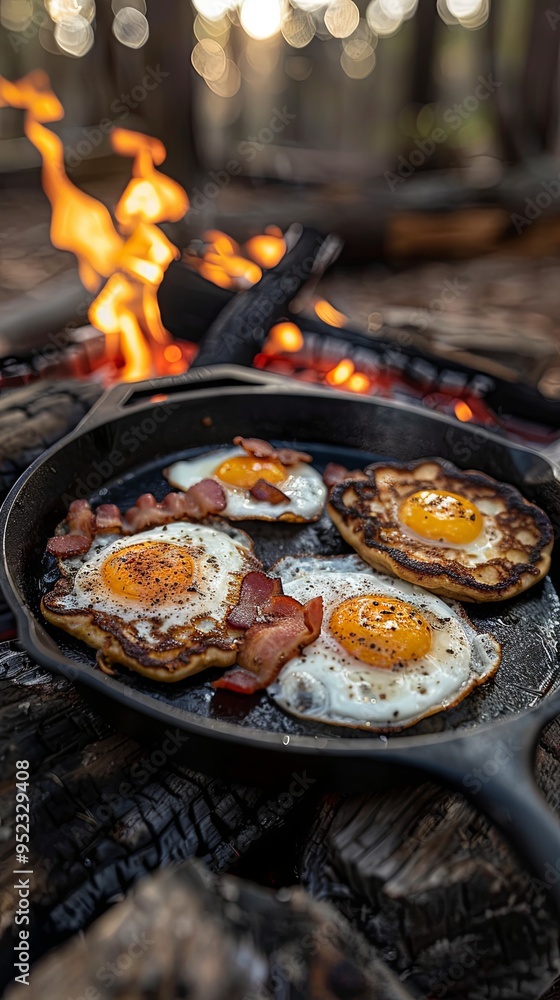 Pancakes, eggs, and bacon cooked in a cast-iron skillet over a campfire for breakfast Pancakes, eggs, and bacon cooked in a cast-iron skillet over a campfire for breakfast