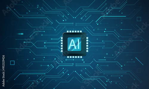 Ai technology banner background. Futuristic design with CPU, circuit board. Artificial intelligence blue vector illustration.
