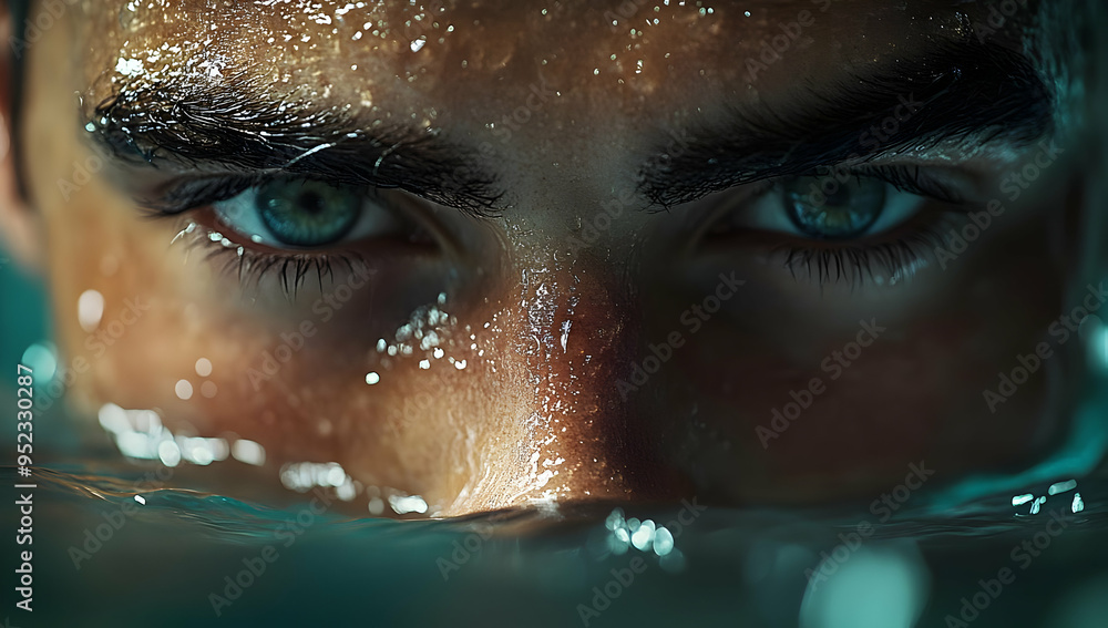 Close-up of a man emerging from water, with captivating blue eyes and a glistening face, expressing an intense mood.