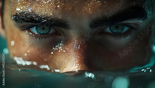 Close-up of a man emerging from water, with captivating blue eyes and a glistening face, expressing an intense mood.