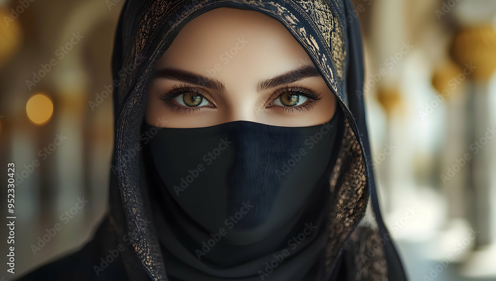 Close-up portrait of a woman wearing a hijab, showcasing captivating eyes and elegant fabric patterns, highlighting cultural beauty. Close-up portrait of a woman wearing a hijab, showcasing captivating eyes and elegant fabric patterns, highlighting cultural beauty.