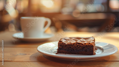 A brownie lies in a place with a cup of tea or coffee on a light wooden table in a coffee shop, bakery or restaurant on a blurred background, photo for the menu or recipe