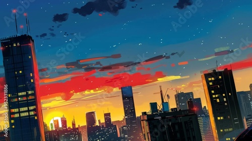 Wallpaper Mural Vibrant sunset over a city skyline, showcasing beautiful colors and silhouettes of skyscrapers against a dramatic sky. Torontodigital.ca