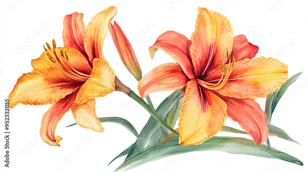 Fototapeta premium Daylily flower, watercolor clipart illustration with isolated background