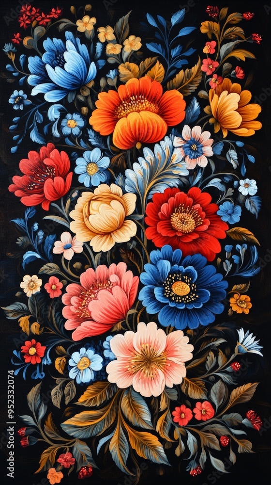 Intricate Norwegian Rosemaling Floral Design on Dark Background Intricate Norwegian Rosemaling Floral Design on Dark Background