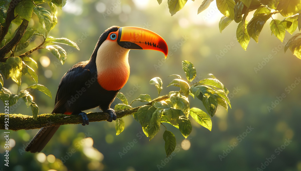 Fototapeta premium A colorful toucan perched on a branch, surrounded by lush greenery, capturing the essence of tropical wildlife in nature's tranquility.