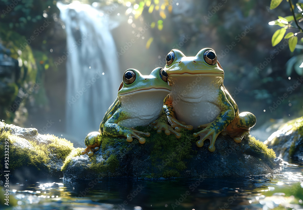 Two vibrant frogs sit peacefully by a cascading waterfall, surrounded by lush greenery and sparkling water droplets. Two vibrant frogs sit peacefully by a cascading waterfall, surrounded by lush greenery and sparkling water droplets.